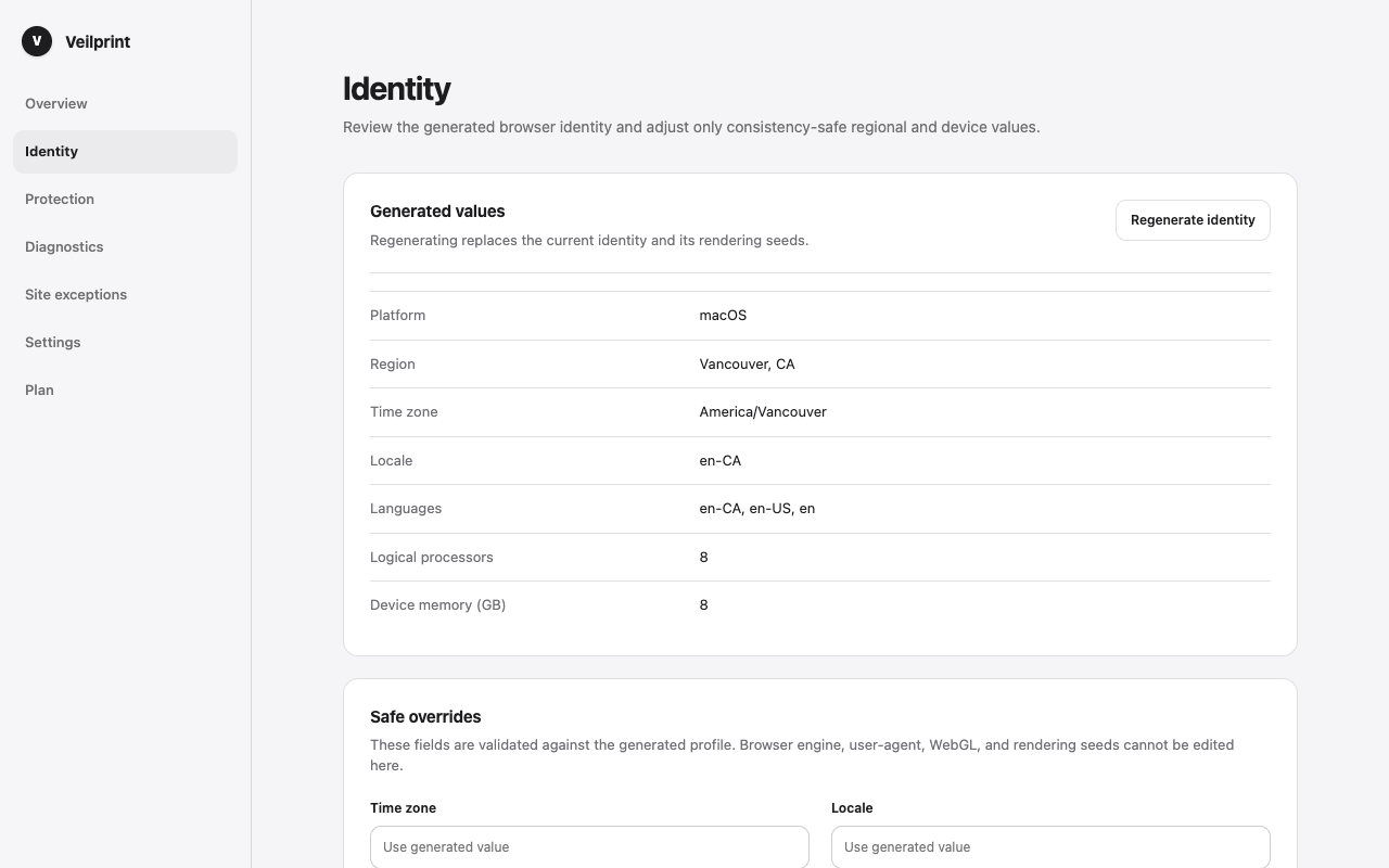 Veilprint Identity screen with example region, timezone, language and device values